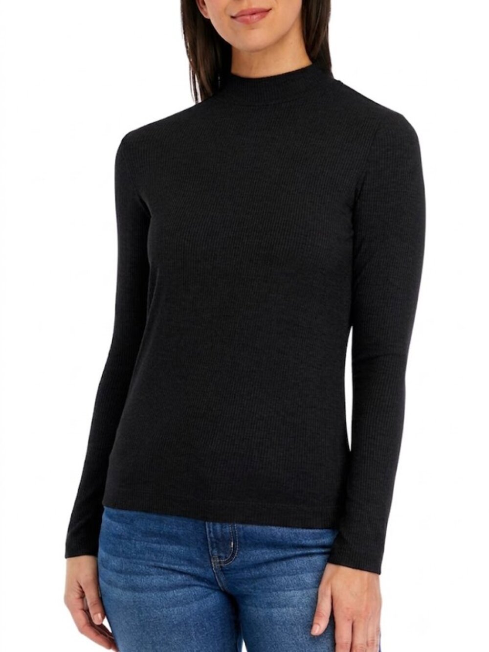 Truth Black Ribbed Shirt Long Sleeves Mock Neck Soft Modal